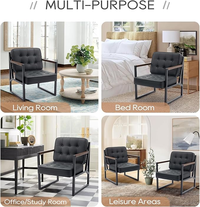 COLAMY Mid Century Modern Accent Chair Set of 2 Comfy Living Room Chair Black Leather Accent Chair Faux Leather Reception Armchair with Metal Legs for Living Room Bedroom Reception Office Black