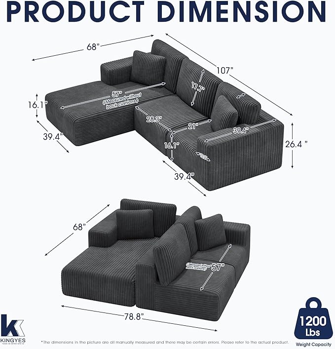KINGYES 107'' Modular Sectional Sofa L Shaped Cloud Couch for Living Room Modern Plush Corduroy Boneless Sofa with Chaise for Bedroom Gray