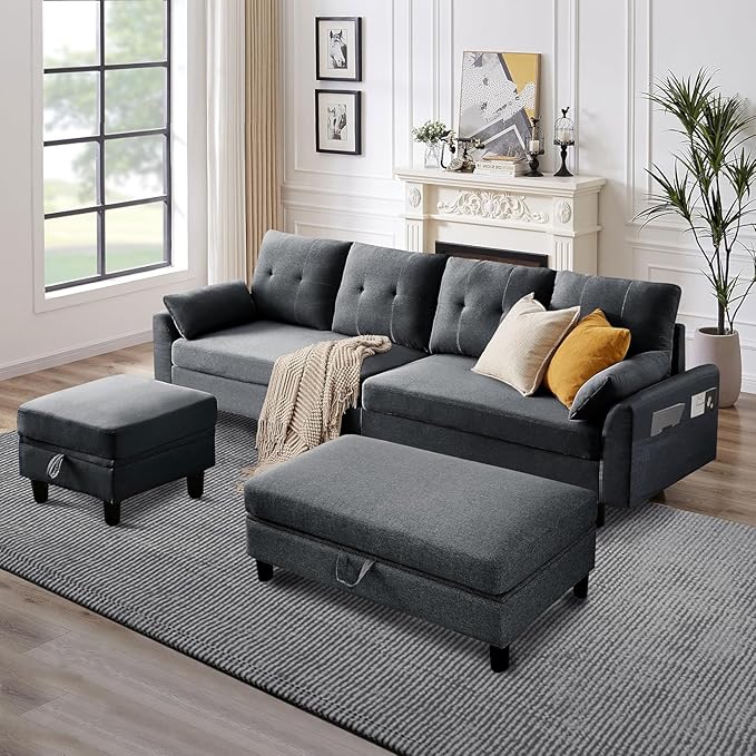102 L-Shape Sofa Couch Couch with Ottoman Coffee Table 4 Seat Modern Sofa with Removable Cover for Apartment and Living Room Dark Grey