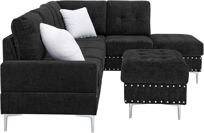 ERYE 102-Inch L-Shaped Corner Sectional Sofa Chenille Upholstered Tufted Corner Sofa Couch with Storage Ottoman and Nailhead DecorModern L-Shaped Convertible Couches