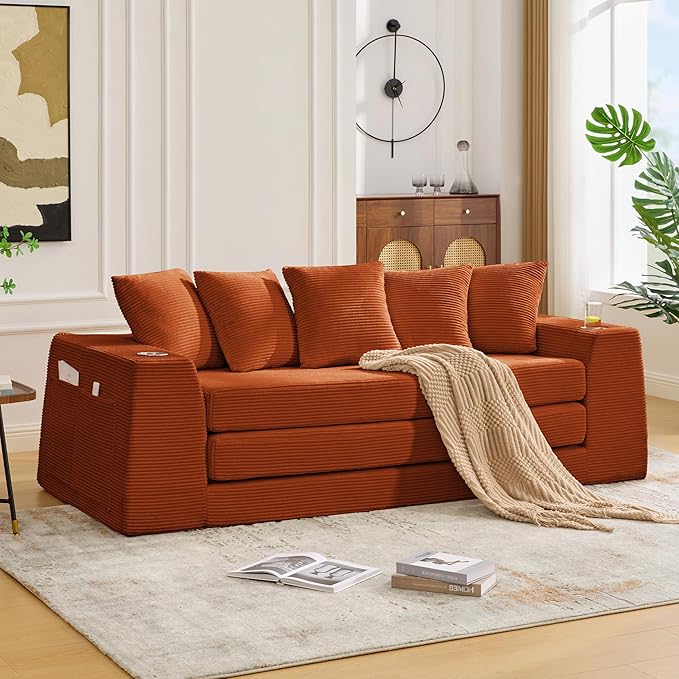 KEIKI 82 Corduroy Modular Sectional Sofa Bed with 5 Pillows &amp 2 Side Pocket &amp 2 Cup Holders Convertible 3-Seater Sleeper Couch with Memory Foam Cushion No Assembly Required for Living Room