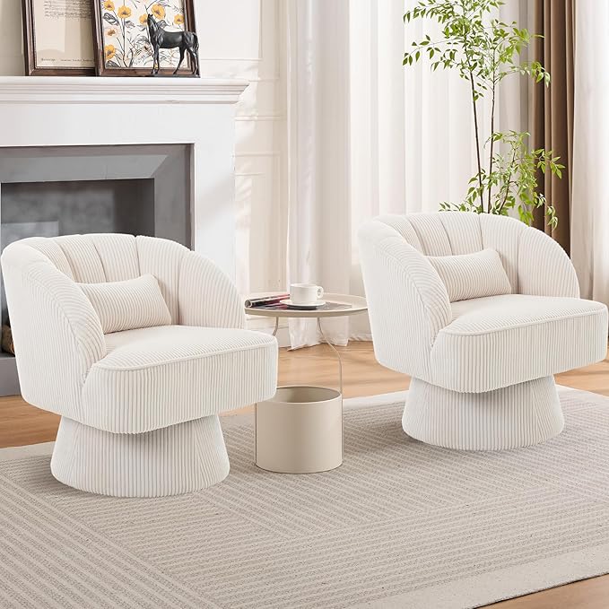 Swivel Barrel Chair - Velvet Upholstered Modern Armchair with Striped Backrest &amp Plush Padding Round Lounge Chair for Living Room Bedroom (Beige-Corduroy-(2 Pcs))