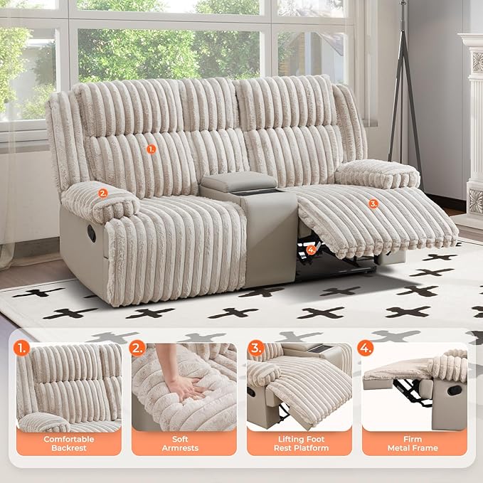 Large Reclining Loveseat with Pillow Top Arm Fluffy Fabric Recliner Sofa with Wireless Charging &amp Hidden Cup Holders Modern Reclining Couch for Living Room/RV/Apartment (Beige 2 Seater)