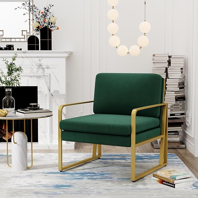 Andeworld Velvet Accent Chair Mid Century Living Room ArmchairUpholstered Modern Sofa Side Chair with Metal Golden Legs for ReadingLoungingBedroom Apartment Green