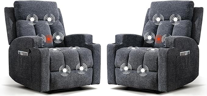 2PCS Fabric Manual Recliner Chair for Adults Comfy Reclining Chairs with Overstuffed Arm and Back Single Sofa for Living Room (2 Dark Grey)