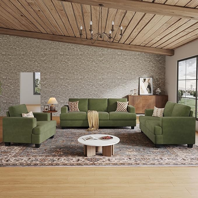 89 Inch Sofa with Extra Deep Seats Oversize 3 Seater Sofa for Living Room Modern Couch and Sofa Comfy Armrests and Seats and Backrests Easy Installation Corduroy Fabric Green