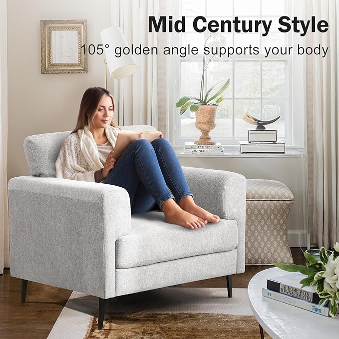 Oversized Accent Chair Upholstered Living Room Chairs Single Sofa Chair w/Metal Legs Comfy Linen Fabric Reading Lounge Armchair for Apartment Bedroom Office Light Grey 1PC
