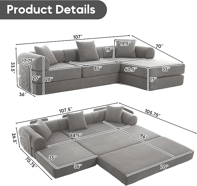 L Shaped Convertible Modular Sofa Bed with Cylindrical Pillow &amp Reversible Chaise Corduroy Folding Floor Sofa Couch Bed with Fixed-Shape Frame &amp Storage Pocket for Living Room Grey