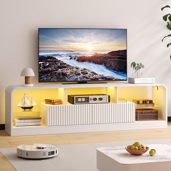 TV Stand for 60/65/70 Inch TVs Modern Curved TV Console with LED Lights 2 Drawers &amp Glass Shelves Living Room Entertainment Center