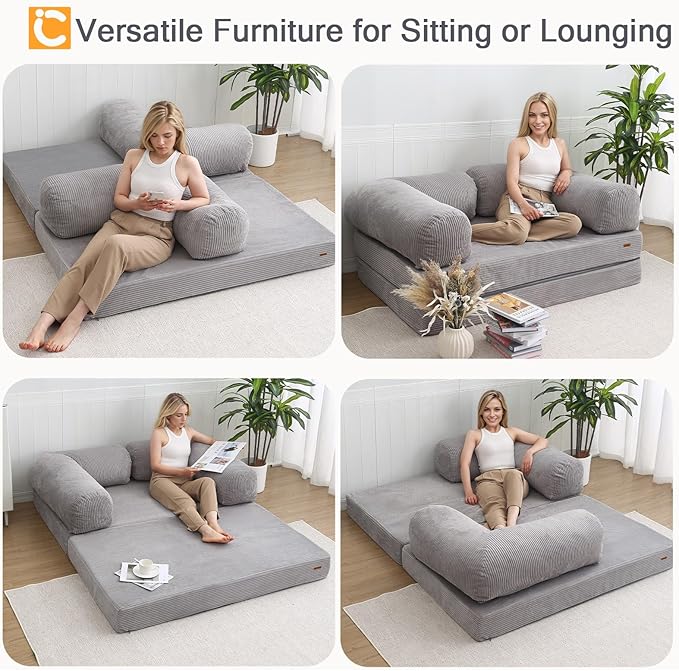 COMAX Folding Sofa Bed Queen 4-in-1 Foldable Floor Couch Convertible Futon Sofa with Armrests Sleeper Mattress Chair Bed Comfy Portable Fold Out Lounge Guest for Living Room Bedroom Light Grey