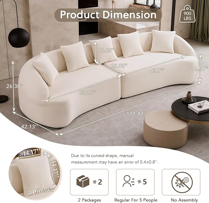 Oversized Sectional Sofa for Living Room 110 Modern Luxury Chenille 5-Seater Extra Deep &amp Wide Seat Curved Cloud Couch with 5 Throw Pillows No Assembly Needed Cream White