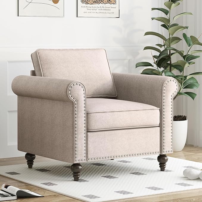 Single Sofa Beige Armchair for Living Room Mid Century Modern Couch with Solid Wood Frame and 4 Gourd Shapes Legs for Home/Bedroom/Apartment