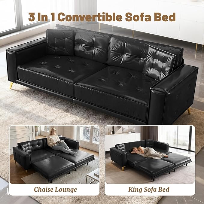 92 King Pull Out Sofa Bed PU Leather Convertible Sleeper Couch with Tufted Design Oversized 4-Seater Modern Mid Century Sectional Couch for Living Room Small Spaces Black