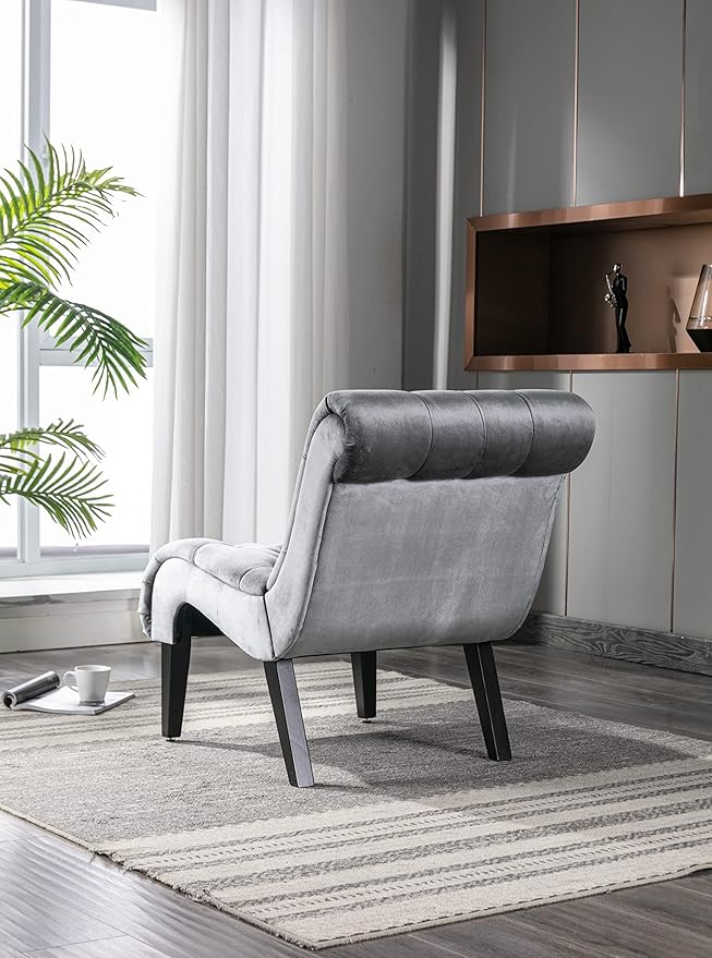 Modern Velvet Armless Accent Living Room Chair Leisure ChairUpholstered Fabric Button Comfortable Chair with Wooden Legs for Bedroom Living Room Office (Silver Velvet)