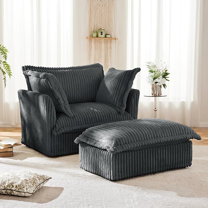 Modular Accent Armchair with Ottoman and Pillows Soft Corduroy Lounge Chair for Living Room Bedroom or Reading Nook – Oversized Chaise Lounge Design (Grey Chair+Ottoman)