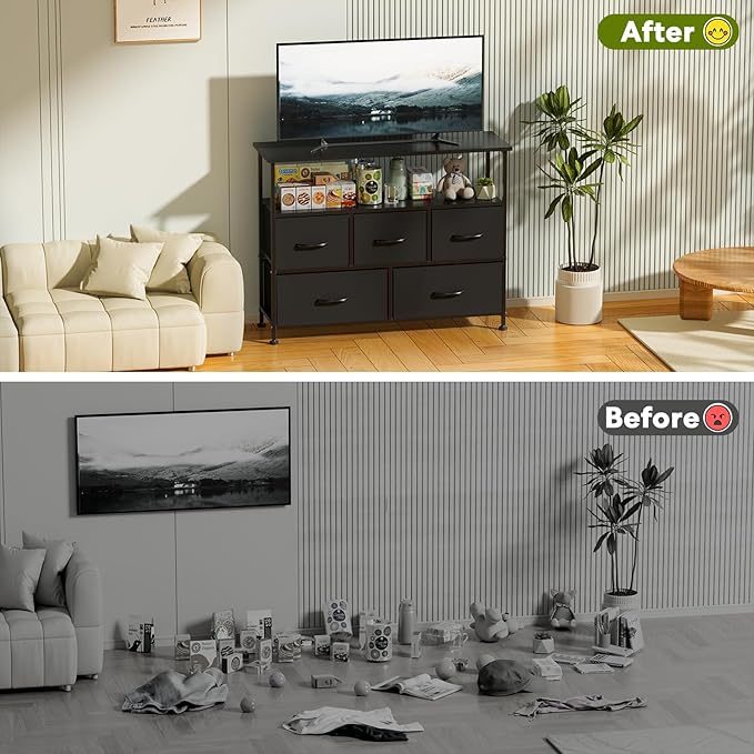 Simple Deluxe TV Stand Dresser for Bedroom Entertainment Center with 5 Fabric Drawers Storage Organizers Units for Living Room Media Console Table with Open Shelf up for 45 TV Black Wood top
