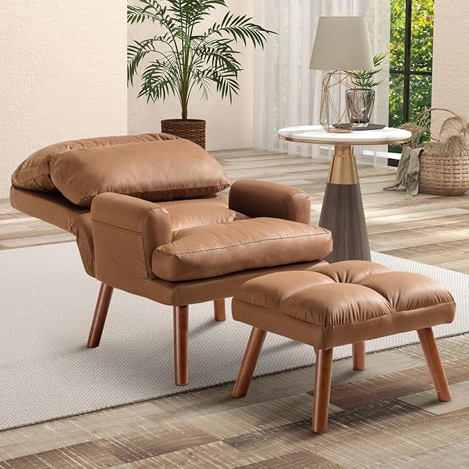 CANMOV Modern Accent Chair with Ottoman Soft Fabric Armchair with Adjustable Backrest and Side Pockets Comfy Lounge Chair for Living Room Bedroom Apartment Office Camel