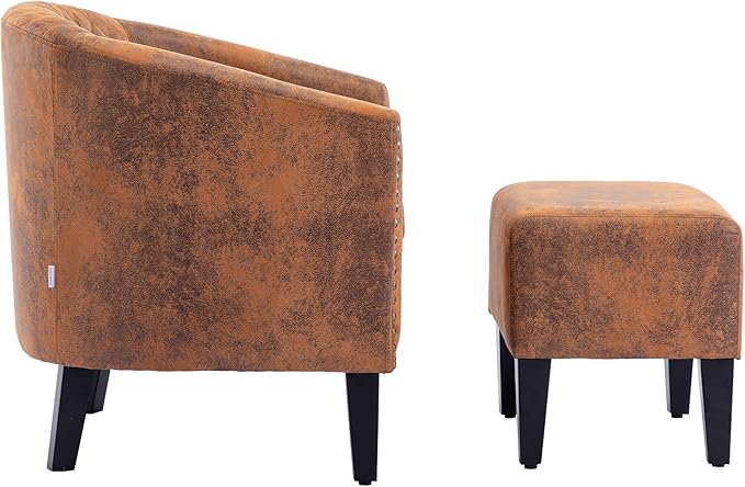 Accent Chair with Ottoman Mid Century Modern Barrel Chair Upholstered Club Tub Round Arms Chair for Living Room