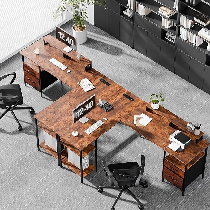 DUMOS 62 Inch L Shaped Gaming Desk with Charging Station &amp 2 Monitor Stands Computer Desk with Drawer &amp Adjustable Storage Shelves Large Corner Desk for Home Office Rust Brown