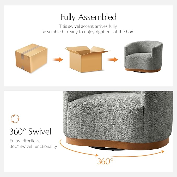 HULALA HOME Chenille Swivel Accent Chair Fully Assembled Comfy Upholstery Barrel Armchair with Sturdy Solid Wood Base Grey