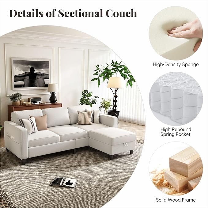Small Sectional Couch L Shaped Sectional White Couch in a Box Small Couches with Ottoman 3 Seater Sofa for Living Room Apartment Dorm Office