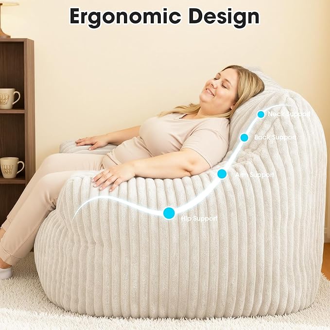 Giant Bean Bag Chair for Adults Oversized Memory Foam Bean Bag Sofa with Armrests Large Comfy Fluffy Single Lounges Mini Couch for Living Room Bedroom &amp Dorm(Beige)