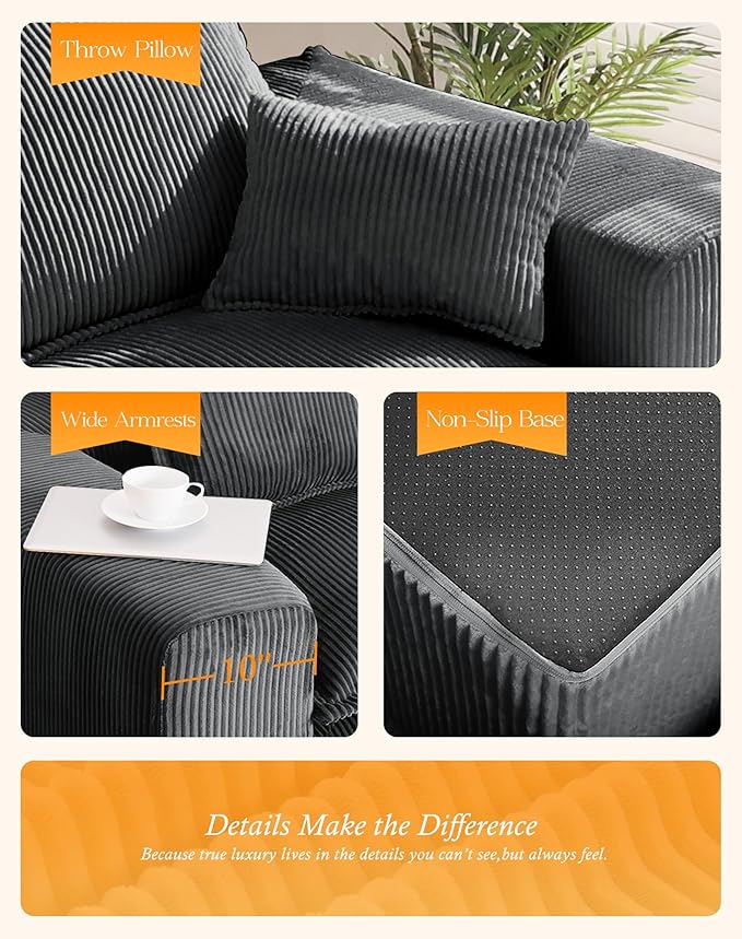 107 Boneless Comfortable Couch with Chaise L Shaped Modular Sectional Couches for Living Room Grey Corduroy Sofas with Ottoman Compressed Sofa in a Box No Assembly Required