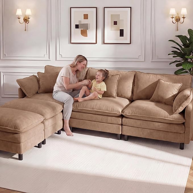 YDN 148 Couch Sofa Sectional Couches for Living Room Cloud Couch with Movable Ottoman Modular U Shaped Sofa Set Khaki