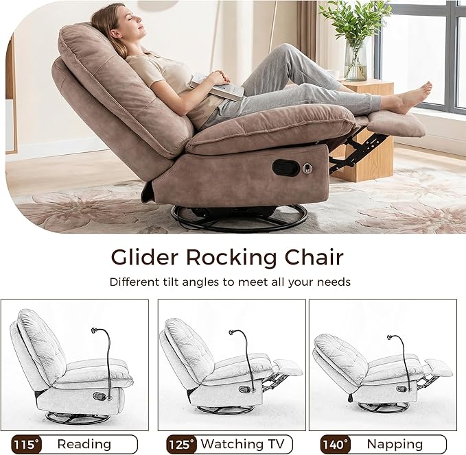 Swivel Rocker Recliner Chair for Adult Glider Nursery Rocking Chair Armless Single Recliner Sofa for Living Room Oversized &amp Overstuffed Phone Holder Included Brown