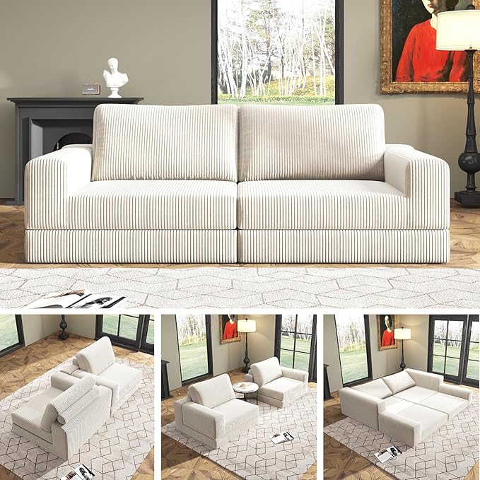 78loveseat Sofa Convertible Sofa Bed Modular Sectional Sofa Modern Deep Seat Folding Sofa for Living Room Bedroom No Assembly Required Corduroy Fabric Flexible Configurations(White 2-SEATER)