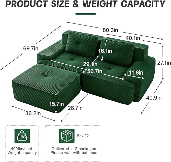 80.3” Green Boneless Couches for Living Room Modular Sectional Sofa with L-Shape Chaise 2 Seater Comfy Upholstered Loveseat Deep Seat Corduroy Fabric Cloud Couch No Assembly Anti-Slip Design