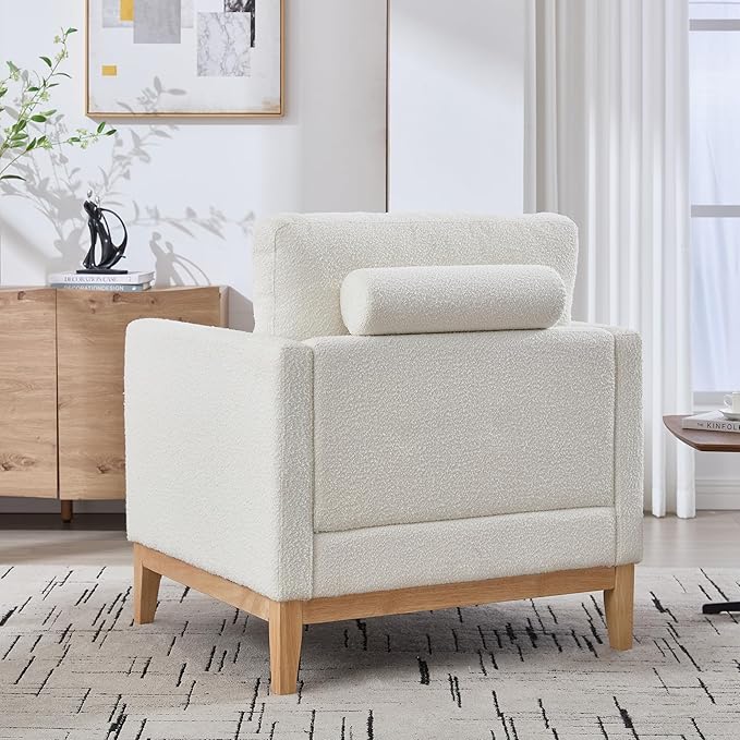 35.4 Modern Boucle Accent Chair with Deep Seat Oversized Wooden Upholstered Armchair Single Sofa Lounge Reading Chairs Large Accent Chair for Living Room/Bedroom/Office (Ivory &amp Style 1)