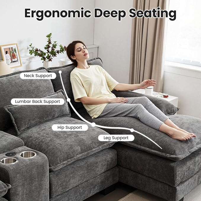 125 U Shaped Cloud Modular Sectional Couch for Living Room Small Comfy Chenille Sofa with Double Chaise Lounge Storage Central Console Cup Holders USB PortGrey