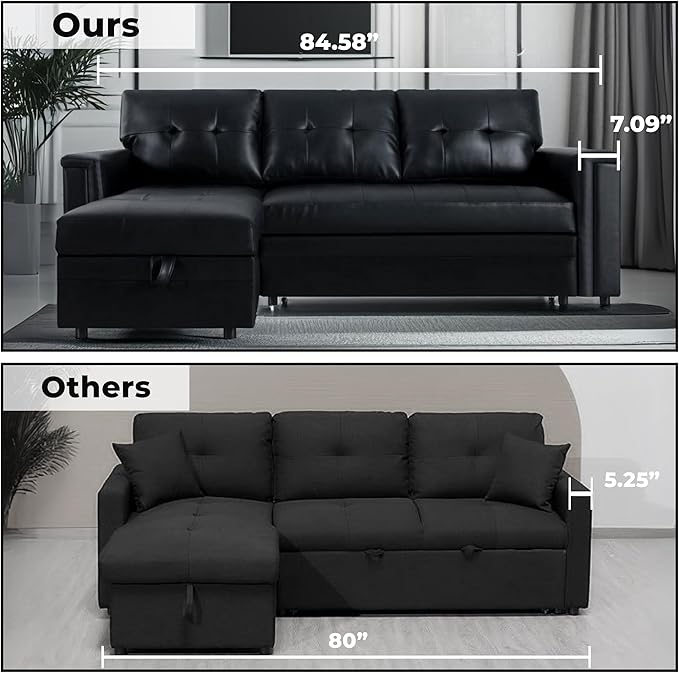 Naomi Home L-Shaped Sectional Sleeper Sofa with USB Ports - Convertible Pull-Out Bed Ample Storage Timeless Design Durable Construction Black/Air Leather
