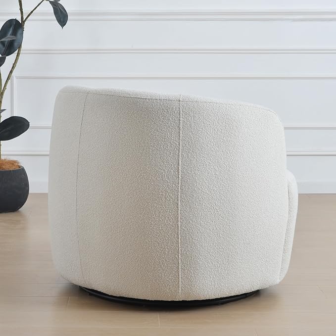 KINWELL 34 Wide Sherpa Swivel Barrel Chair No Assembly Round Boucle Upholstered Accent Chair Armchair Single Sofa Chair with Toss Pillow for Living Room and Bedroom Beige