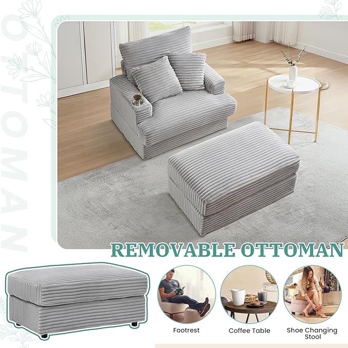 Chaise Lounge Chair Indoor 39 W Plush Corduroy Oversized Chair with Ottoman Upholstered Cozy Chaise with Cup Holder Modern Deep Seat Comfy Sofa Armchair for Living Room Bedroom(Grey)