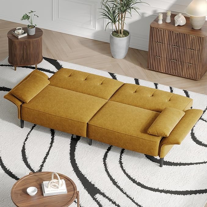 89” Futon Sofa Bed Comfy Futon Couch Bed with 2 Square PillowsConvertible Sleeper Sofa with Adjustable Backrest&amp Armrests Modern Loveseat Sleeper for Living RoomVelvet Fabric Yellow