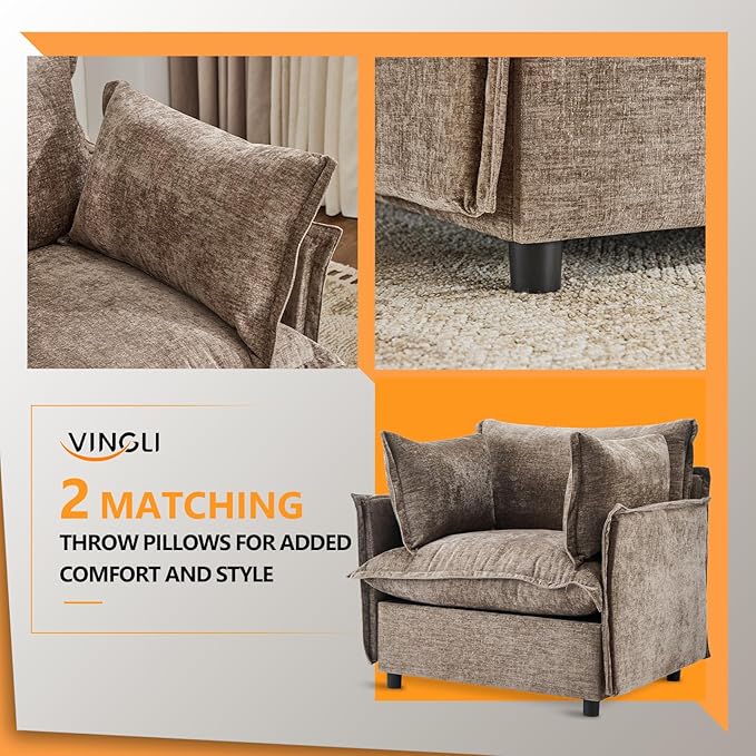 VINGLI Accent Chairs Set of 2 Light Brown 34 Width Oversized Reading Chair Upholstered Armchair Soft Chenille Fabric Living Room Chairs Sofa for Adults Bedroom Home Office Play Room