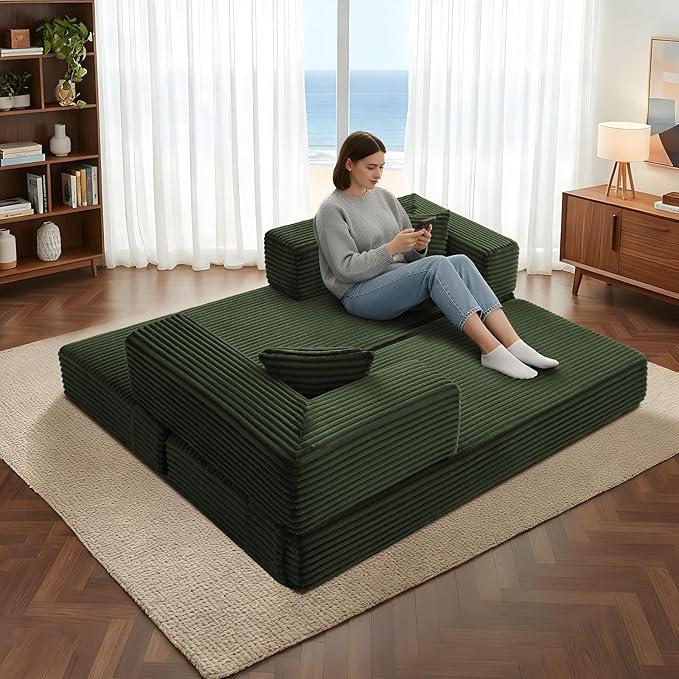 5-in-1 Folding Convertible Sofa Bed 78 Inch Corduroy Boneless Couch Loveseat Sleeper with Pull Out Bed Floor Sofa Modular Futon Couch for Living Room Small Place No AssemblyLight Green