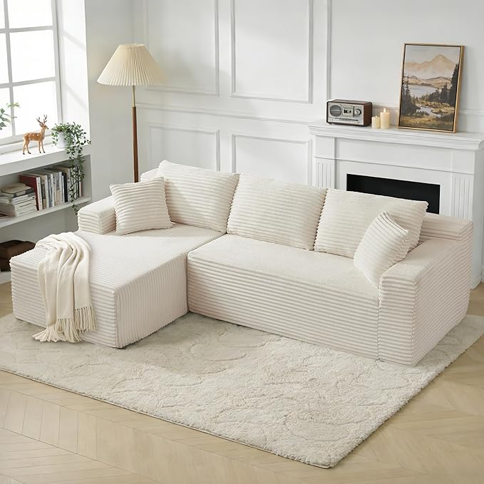 KIVENJAJA 103” Beige Corduroy Boneless Couch L-Shaped Sectional Sofa with Left Facing Chaise Cloud Compression Couches for Living Room Apartment Home Office No Assembly Required