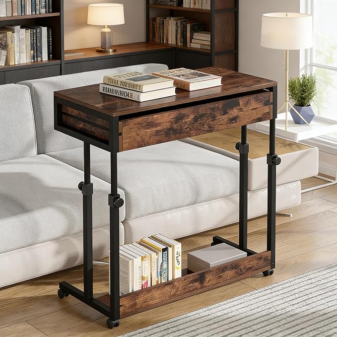 Height Adjustable Rolling Office Table with Storage Drawer - Compact Mobile Desk for Home Office Small Spaces and Bedside Use Sturdy Space-Saving Design