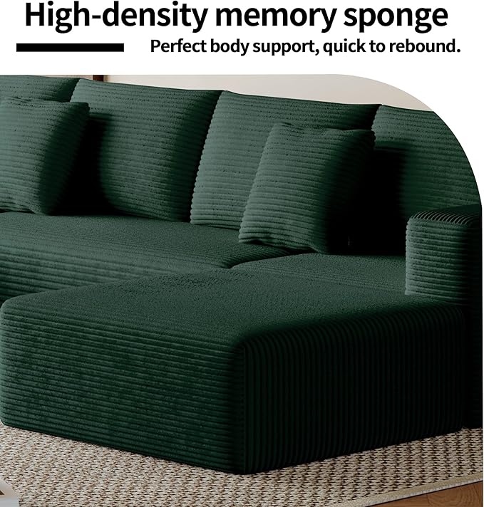 134.6'' U-Shaped Modular Sectional SofaModern Comfortable Corduroy Cloud CouchConvertible Boneless Couches for Living Room with OttomanNo Assembly(Green)