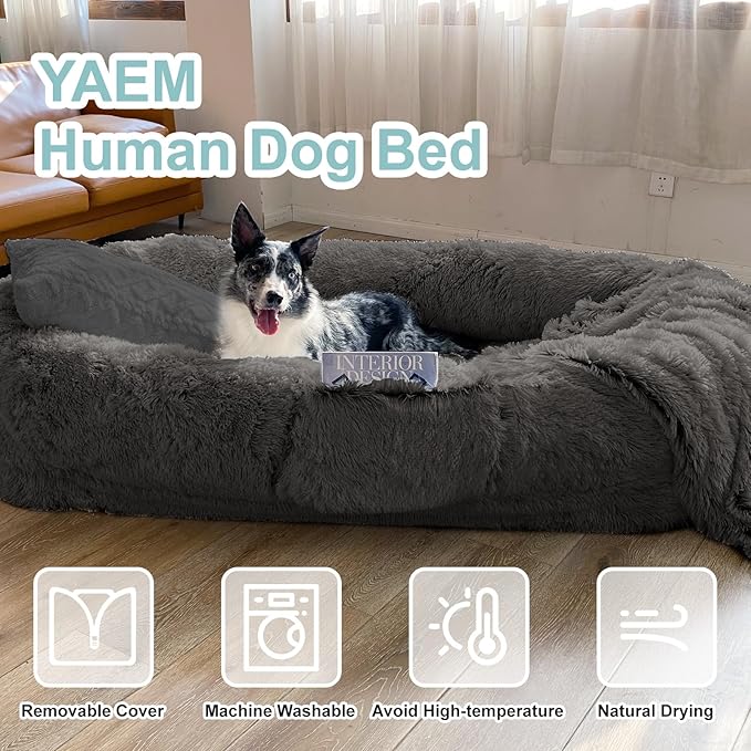 YAEM Human Dog Bed 71x45x12 Calming Giant Human Size Dog Bed for Adults Washable Faux Fur Orthopedic Napping Pet Beds with Non-Slip Bottom Dark Grey