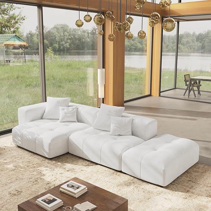 WJShome 119 Inch Cloud Couch Modular Sectional Sofa with OttomanLinen Deep Seat with Pillows Couches for Living Room Bedroom and ApartmentWhite