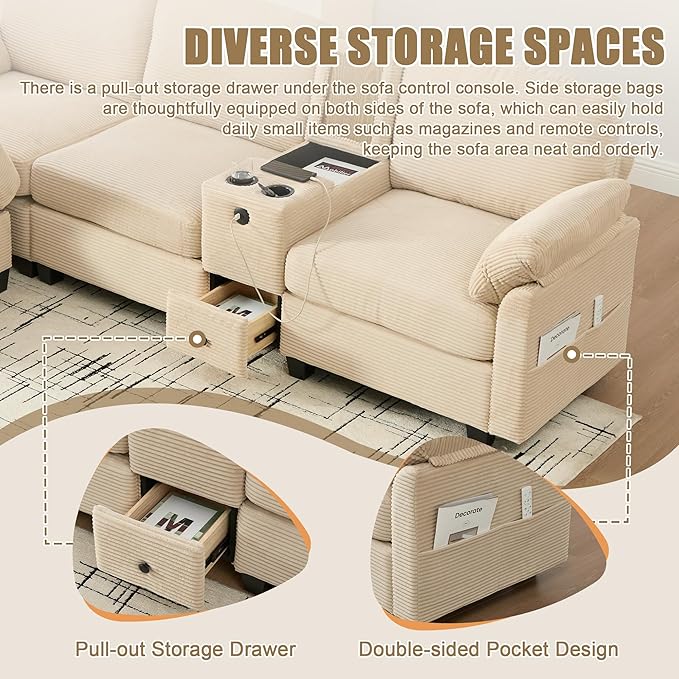 KEIKI 105 L-Shaped Oversized Corduroy Modular Sectional Sofa with 1 Ottoman and Multi Functional Console 4-Seater Upholstered Couch with USB and 2 Cup Holder Easy Assembly for Living Room Khaki