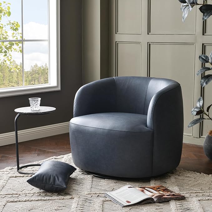 KINWELL 34 Wide Swivel Faux Leather Armchair No Assembly Upholstered PU Leather Swivel Accent Chairs with Toss Pillow for Living Room Office Lounge Navy