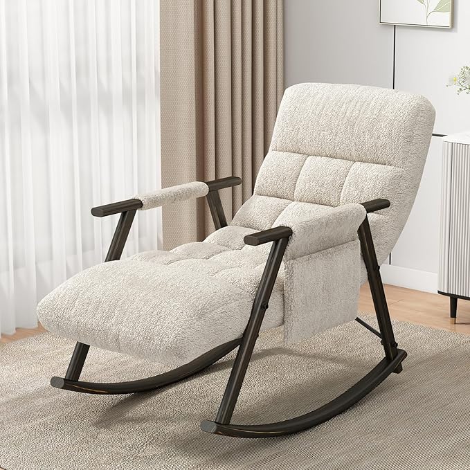 NIOIIKIT Nursery Rocking Chair Teddy Upholstered Rocker Chair with Adjustable Back&ampFootrest Reclining Glider Chair with Side Pocket Tufted Glider Rocker Armchair for Living Room (Beige Teddy)