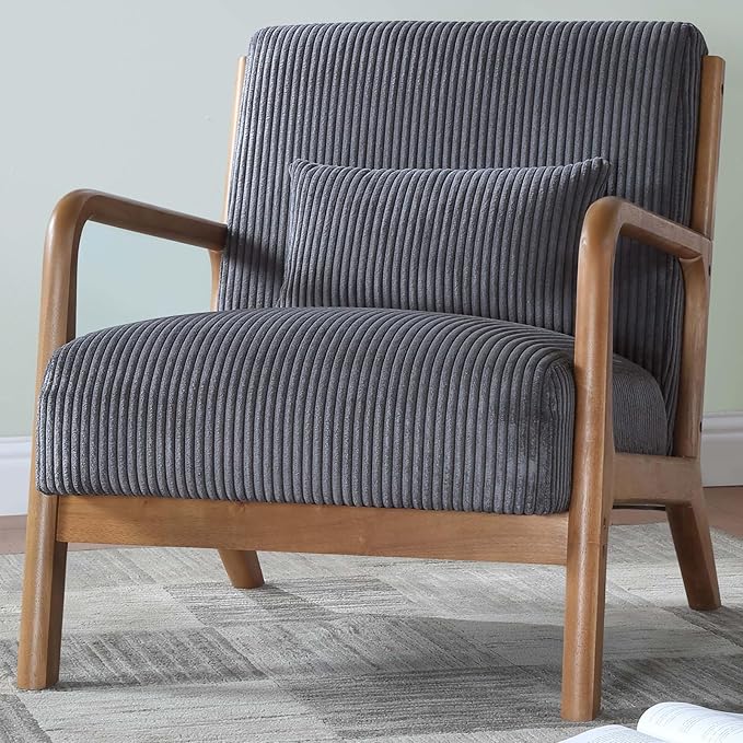 Midcentury Modern ChairWooden Grey Accent Chair with PillowCorduroy Arm Chair for Living RoomBedroomSmall Rooms (Gray)