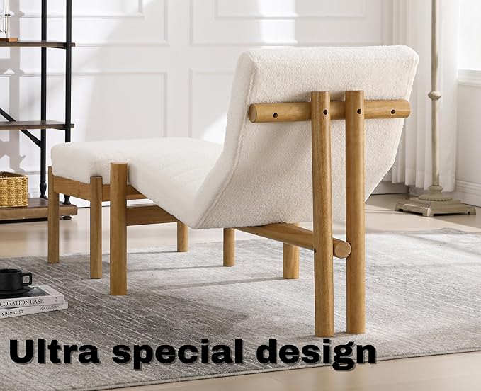 EALSON Modern Accent Chair with Ottoman White Boucle Upholstered Seater with High Backs Unique Design Wood Frame Armless for Living Room/Bedroom Reading/Office Use