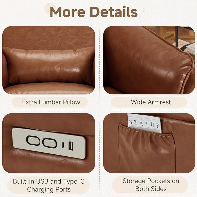 Power Recliner Rocking Chair Nursery Gliders with Adjustable Armrests and Headrest Swivel Electric Glider Reclining Nursing Chair with USB Port and Storage Bags FSC Certified (Leather Brown)